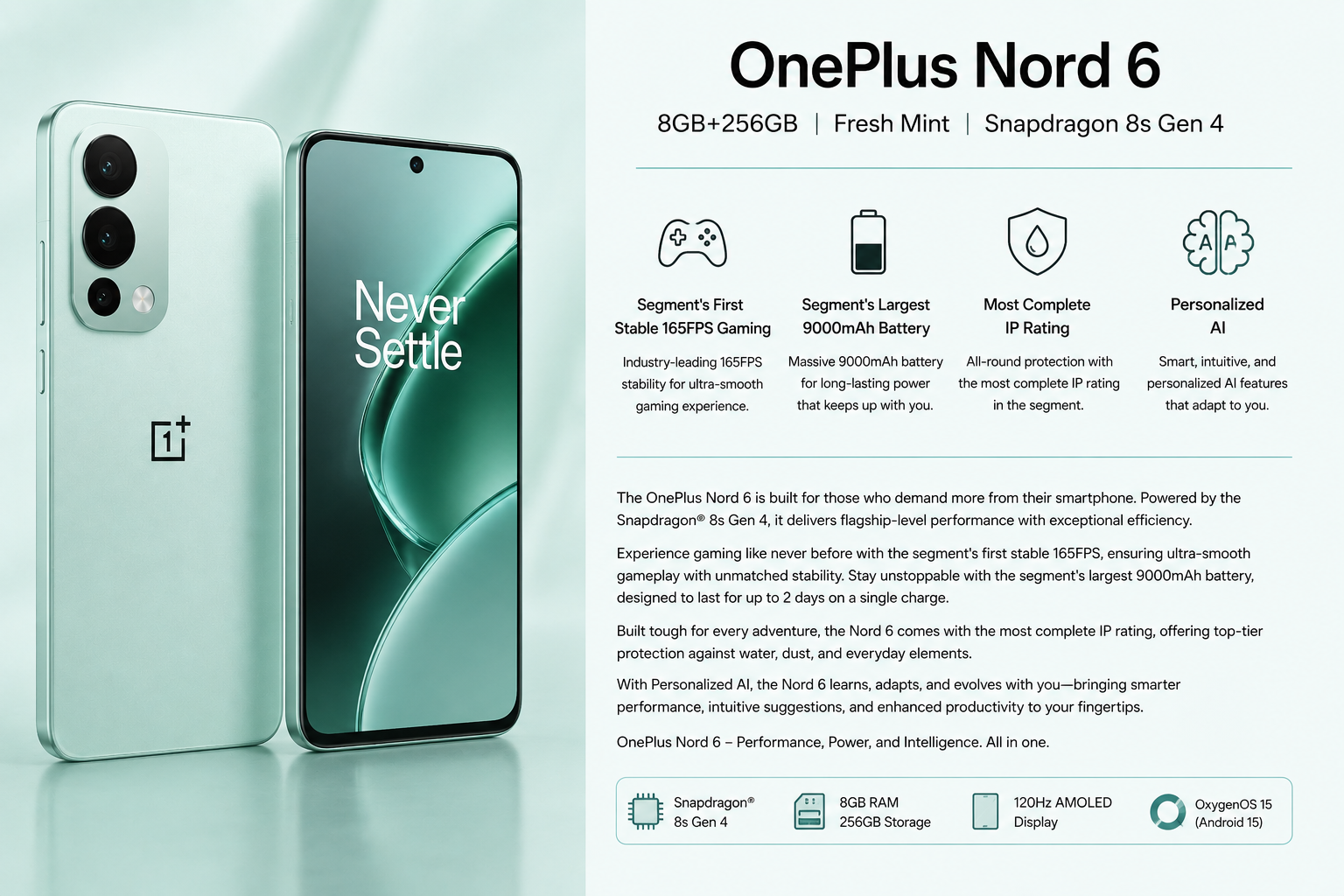 OnePlus Nord 6 Fresh Mint (8GB RAM + 256GB Storage) – Snapdragon 8s Gen 4 5G Smartphone with 165FPS Gaming & 9000mAh Battery